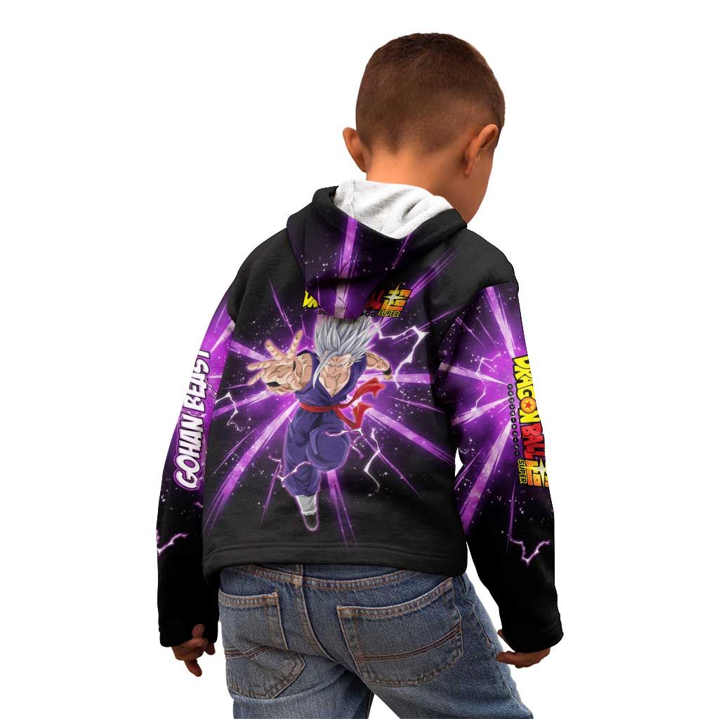 Gohan Beast Dragon Ball Super Anime Purple Lightning Aura Design Kid Hoodie with Dynamic Power Pose and Energy Burst Background - The Mazicc