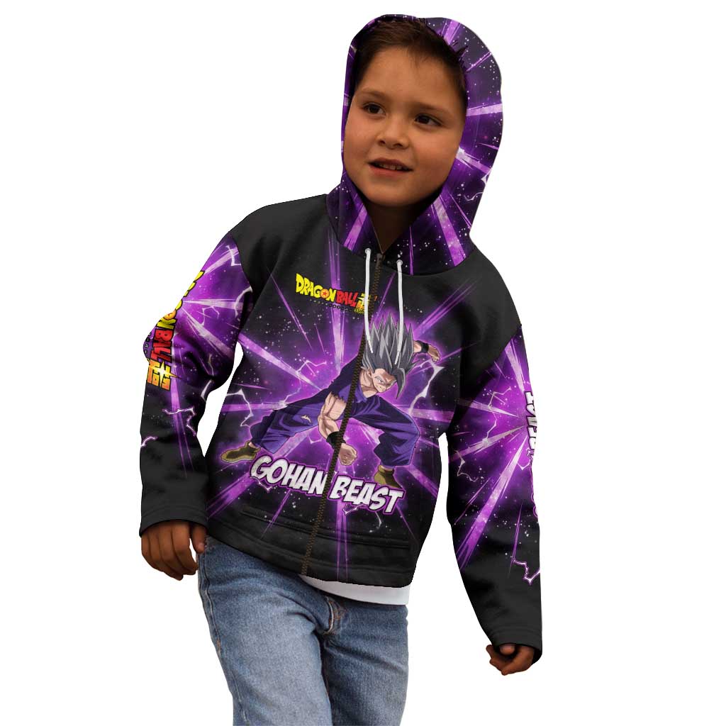 Gohan Beast Dragon Ball Super Anime Purple Lightning Aura Design Kid Hoodie with Dynamic Power Pose and Energy Burst Background - The Mazicc