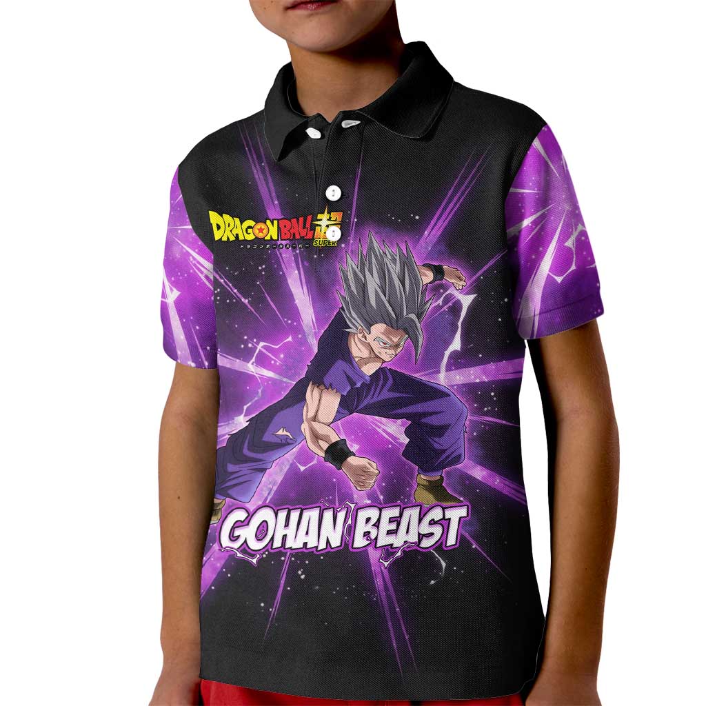 Gohan Beast Dragon Ball Super Anime Purple Lightning Aura Design Kid Polo Shirt with Dynamic Power Pose and Energy Burst Background - The Mazicc