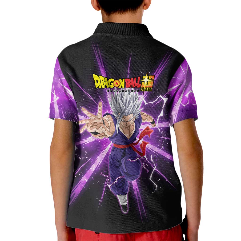 Gohan Beast Dragon Ball Super Anime Purple Lightning Aura Design Kid Polo Shirt with Dynamic Power Pose and Energy Burst Background - The Mazicc