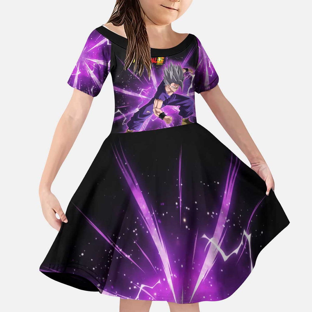 Gohan Beast Dragon Ball Super Anime Purple Lightning Aura Design Kid Short Sleeve Dress with Dynamic Power Pose and Energy Burst Background - The Mazicc