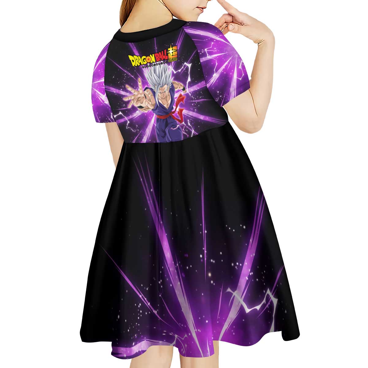 Gohan Beast Dragon Ball Super Anime Purple Lightning Aura Design Kid Short Sleeve Dress with Dynamic Power Pose and Energy Burst Background - The Mazicc