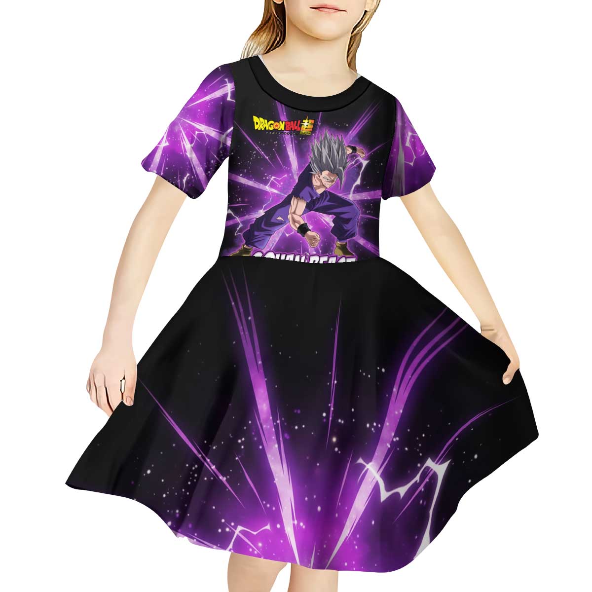 Gohan Beast Dragon Ball Super Anime Purple Lightning Aura Design Kid Short Sleeve Dress with Dynamic Power Pose and Energy Burst Background - The Mazicc