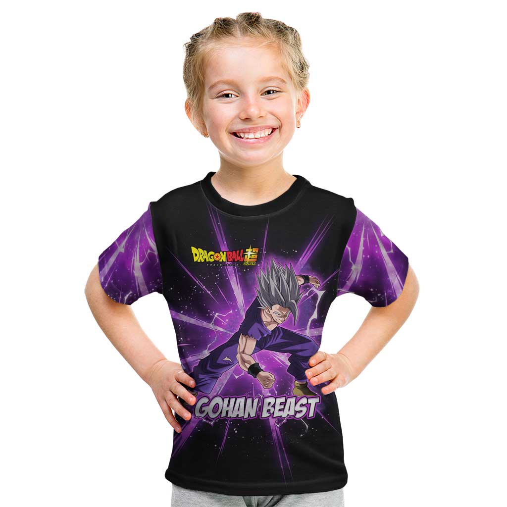 Gohan Beast Dragon Ball Super Anime Purple Lightning Aura Design Kid T Shirt with Dynamic Power Pose and Energy Burst Background - The Mazicc