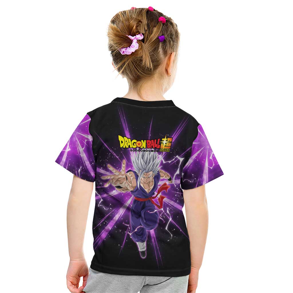 Gohan Beast Dragon Ball Super Anime Purple Lightning Aura Design Kid T Shirt with Dynamic Power Pose and Energy Burst Background - The Mazicc