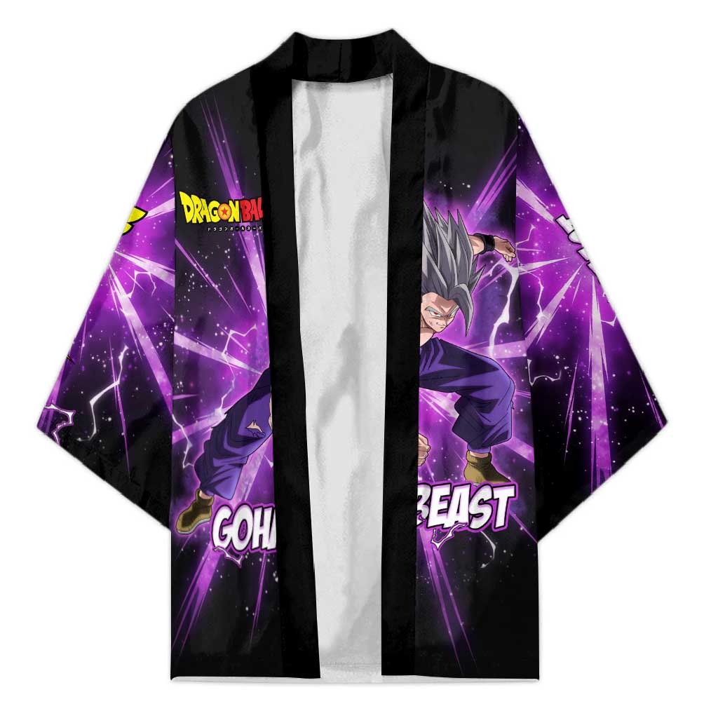 Gohan Beast Dragon Ball Super Anime Purple Lightning Aura Design Kimono with Dynamic Power Pose and Energy Burst Background - The Mazicc