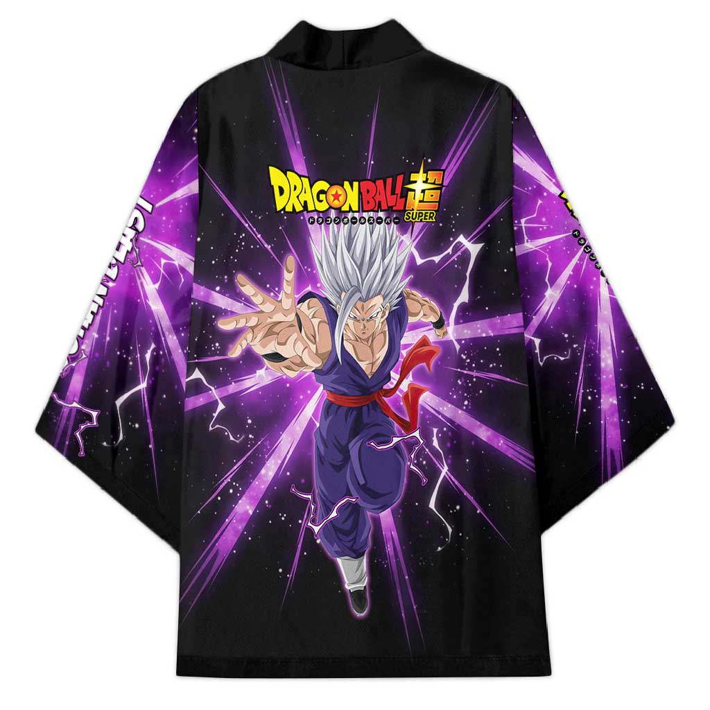 Gohan Beast Dragon Ball Super Anime Purple Lightning Aura Design Kimono with Dynamic Power Pose and Energy Burst Background - The Mazicc