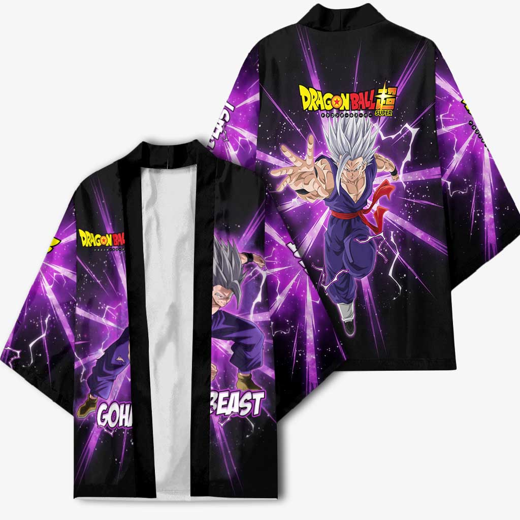 Gohan Beast Dragon Ball Super Anime Purple Lightning Aura Design Kimono with Dynamic Power Pose and Energy Burst Background - The Mazicc
