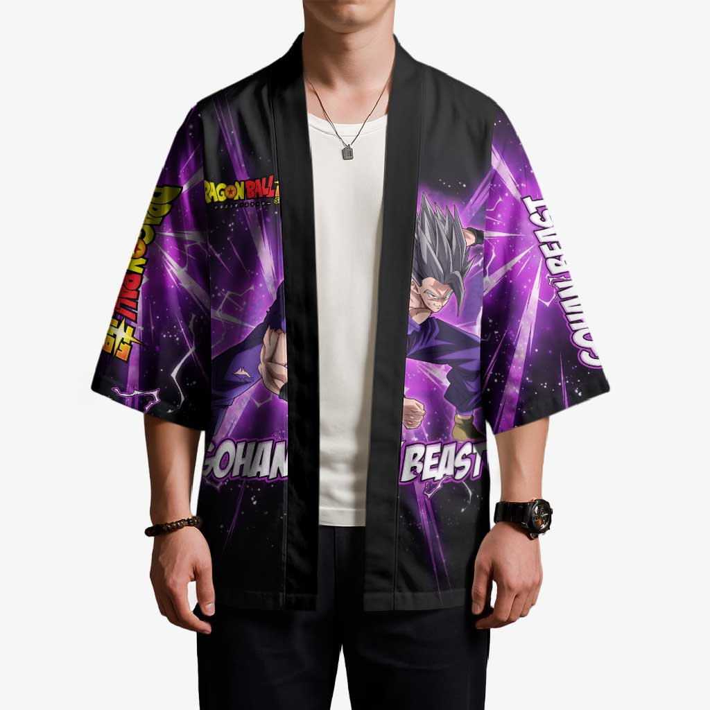 Gohan Beast Dragon Ball Super Anime Purple Lightning Aura Design Kimono with Dynamic Power Pose and Energy Burst Background - The Mazicc