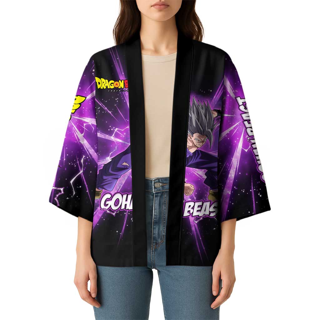 Gohan Beast Dragon Ball Super Anime Purple Lightning Aura Design Kimono with Dynamic Power Pose and Energy Burst Background - The Mazicc