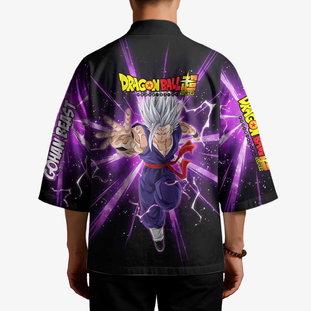 Gohan Beast Dragon Ball Super Anime Purple Lightning Aura Design Kimono with Dynamic Power Pose and Energy Burst Background - The Mazicc
