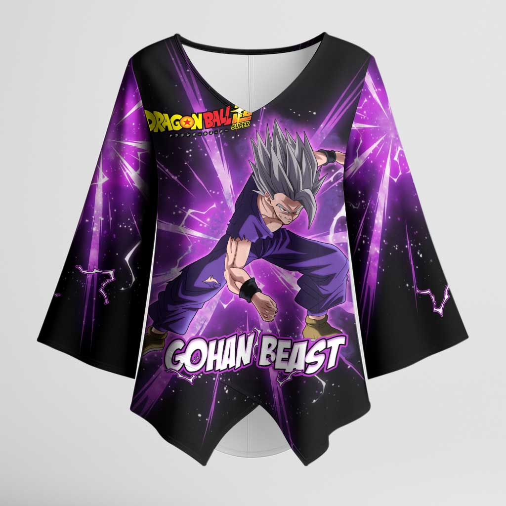 Gohan Beast Dragon Ball Super Anime Purple Lightning Aura Design Kimono Sleeve Blouse with Dynamic Power Pose and Energy Burst Background - The Mazicc