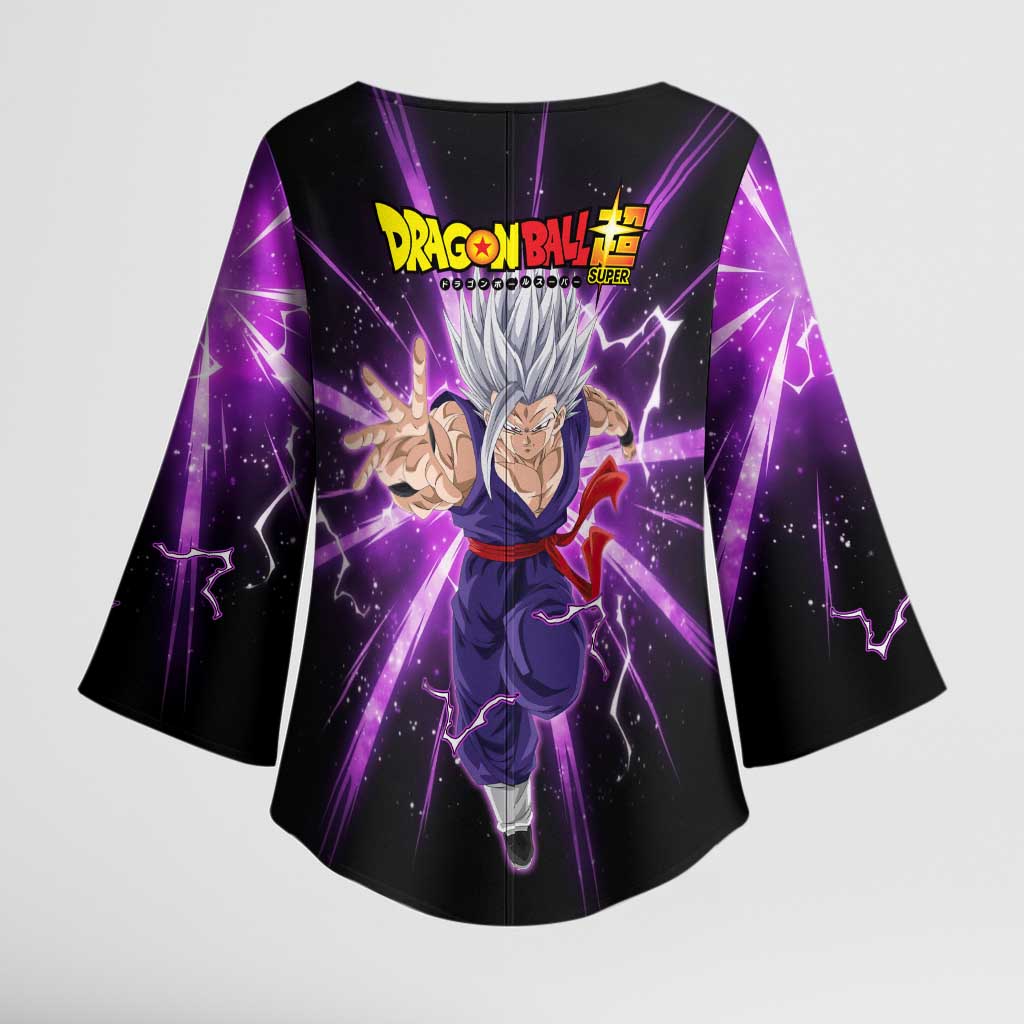 Gohan Beast Dragon Ball Super Anime Purple Lightning Aura Design Kimono Sleeve Blouse with Dynamic Power Pose and Energy Burst Background - The Mazicc