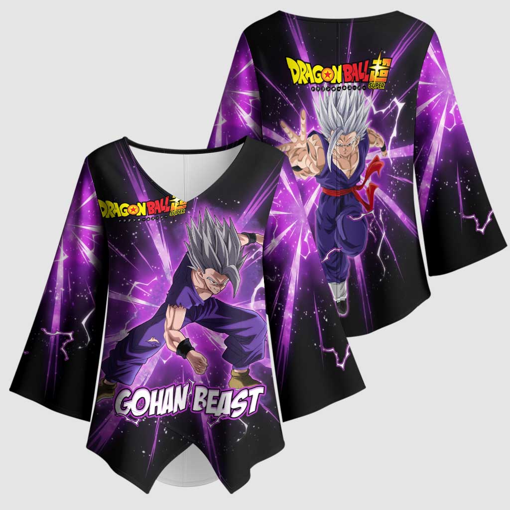 Gohan Beast Dragon Ball Super Anime Purple Lightning Aura Design Kimono Sleeve Blouse with Dynamic Power Pose and Energy Burst Background - The Mazicc