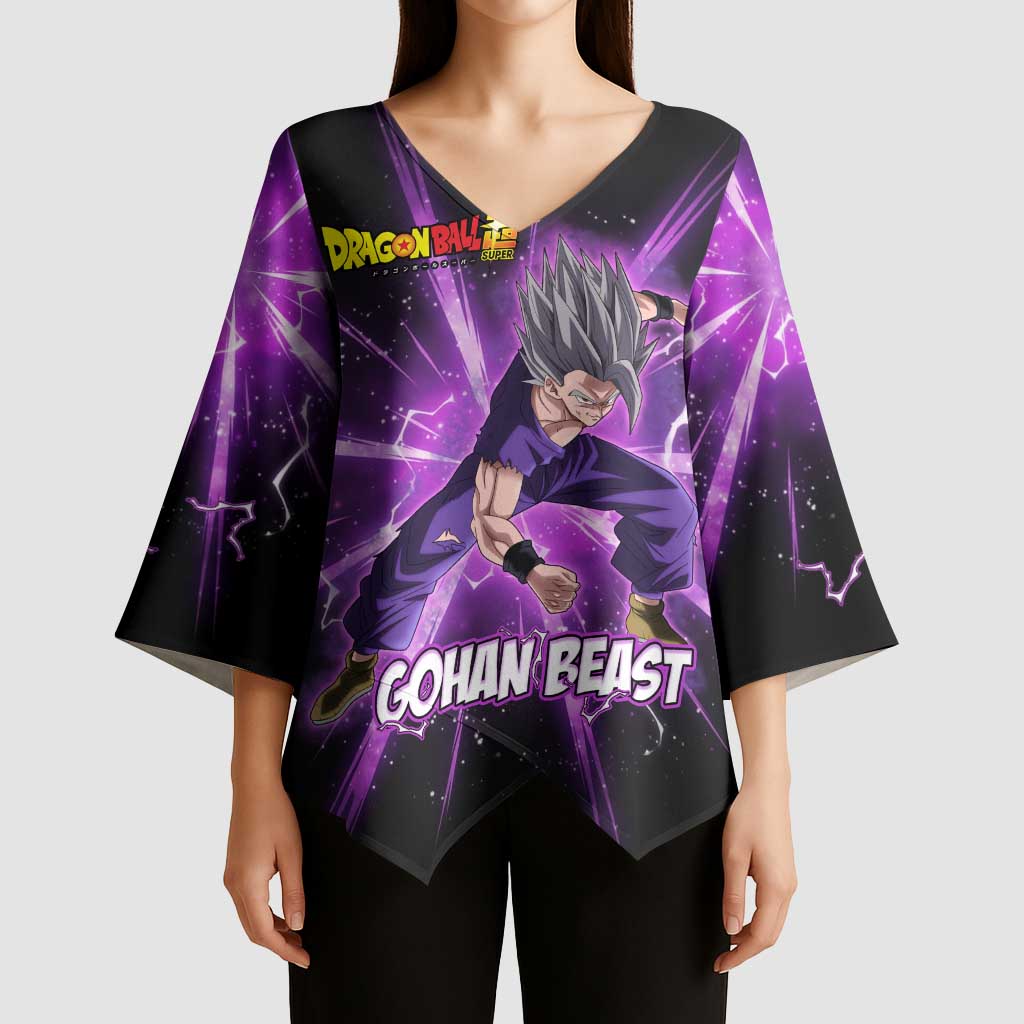 Gohan Beast Dragon Ball Super Anime Purple Lightning Aura Design Kimono Sleeve Blouse with Dynamic Power Pose and Energy Burst Background - The Mazicc