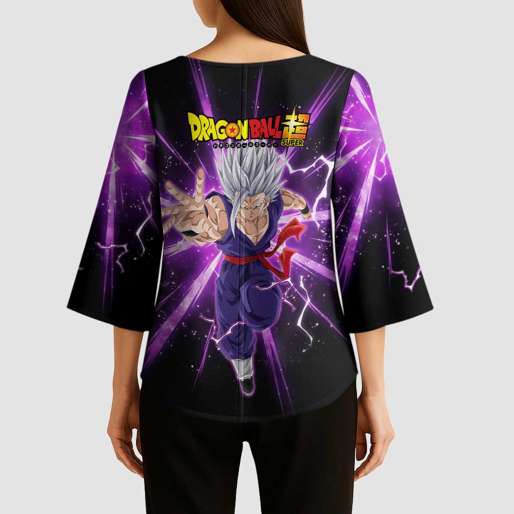 Gohan Beast Dragon Ball Super Anime Purple Lightning Aura Design Kimono Sleeve Blouse with Dynamic Power Pose and Energy Burst Background - The Mazicc
