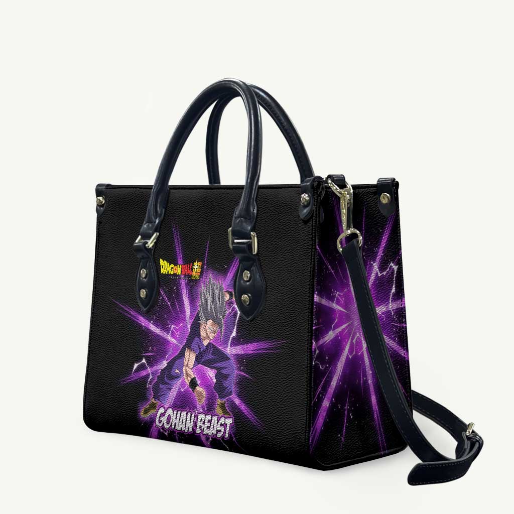 Gohan Beast Dragon Ball Super Anime Purple Lightning Aura Design Leather Bag with Dynamic Power Pose and Energy Burst Background - The Mazicc