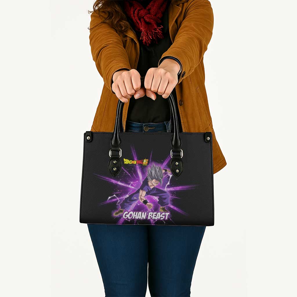 Gohan Beast Dragon Ball Super Anime Purple Lightning Aura Design Leather Bag with Dynamic Power Pose and Energy Burst Background - The Mazicc