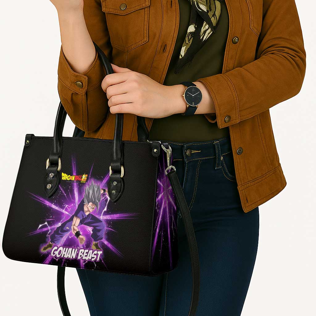 Gohan Beast Dragon Ball Super Anime Purple Lightning Aura Design Leather Bag with Dynamic Power Pose and Energy Burst Background - The Mazicc