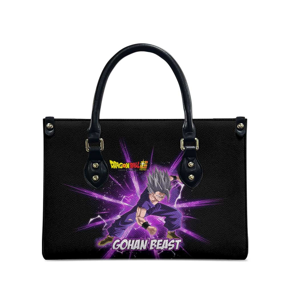 Gohan Beast Dragon Ball Super Anime Purple Lightning Aura Design Leather Bag with Dynamic Power Pose and Energy Burst Background - The Mazicc