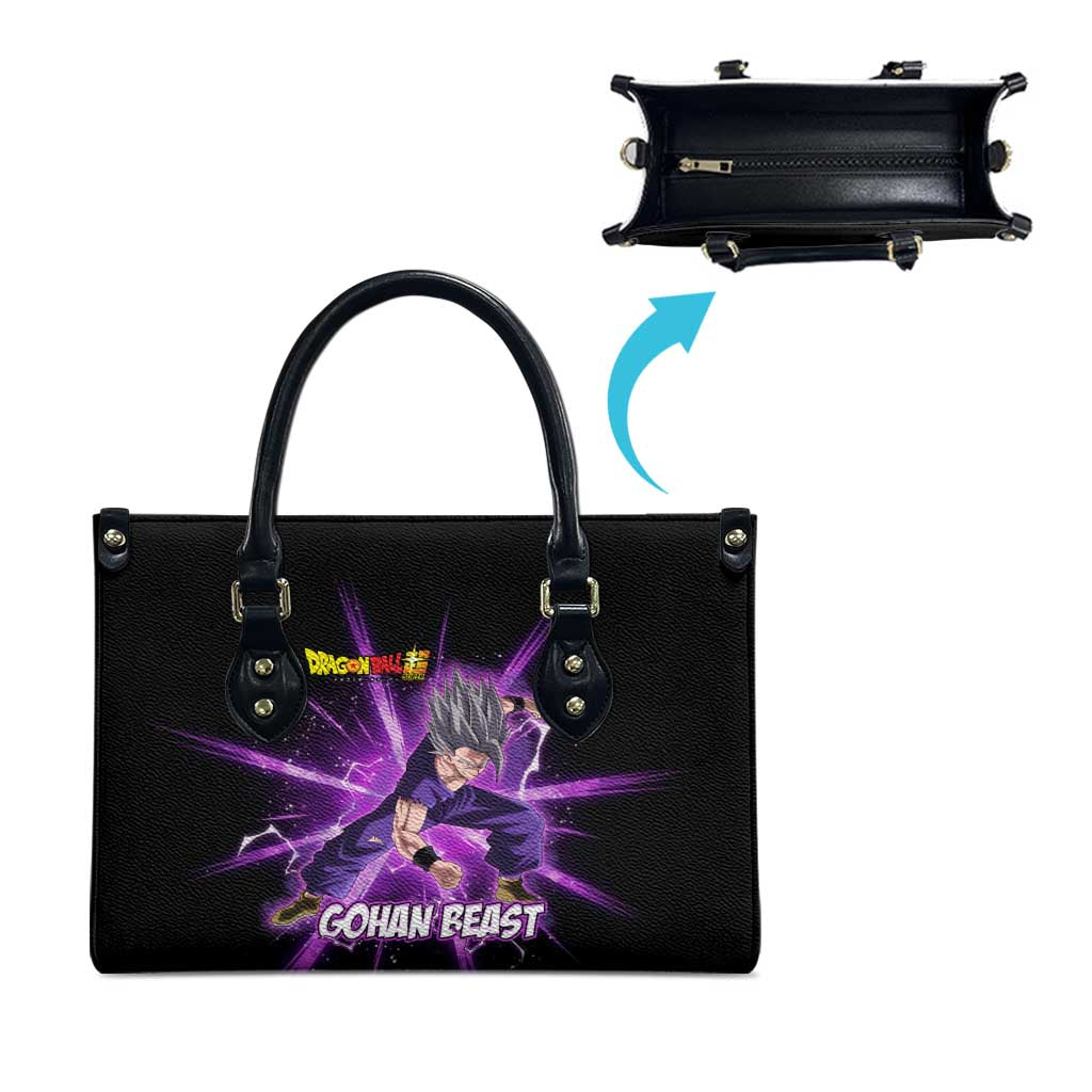 Gohan Beast Dragon Ball Super Anime Purple Lightning Aura Design Leather Bag with Dynamic Power Pose and Energy Burst Background - The Mazicc