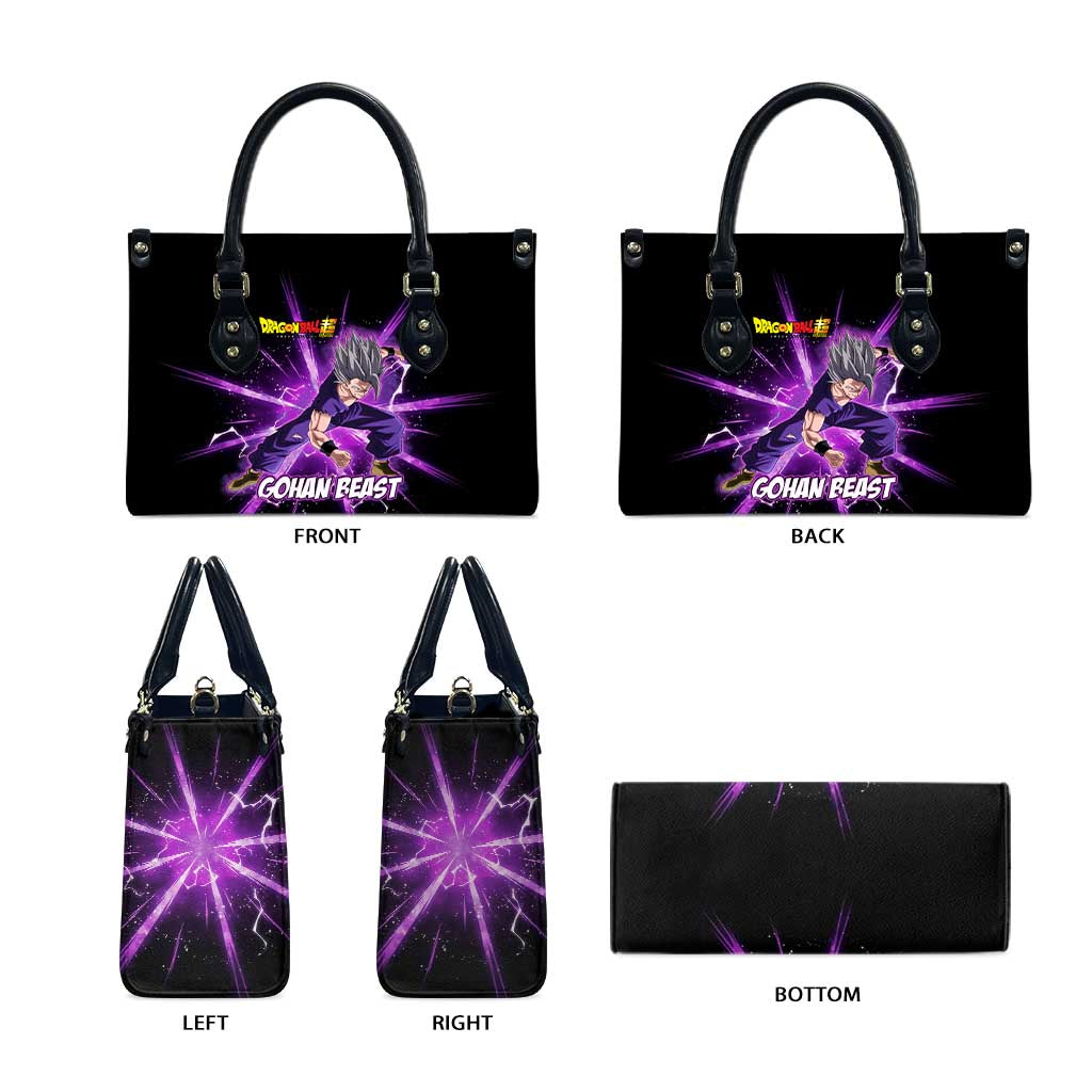 Gohan Beast Dragon Ball Super Anime Purple Lightning Aura Design Leather Bag with Dynamic Power Pose and Energy Burst Background - The Mazicc