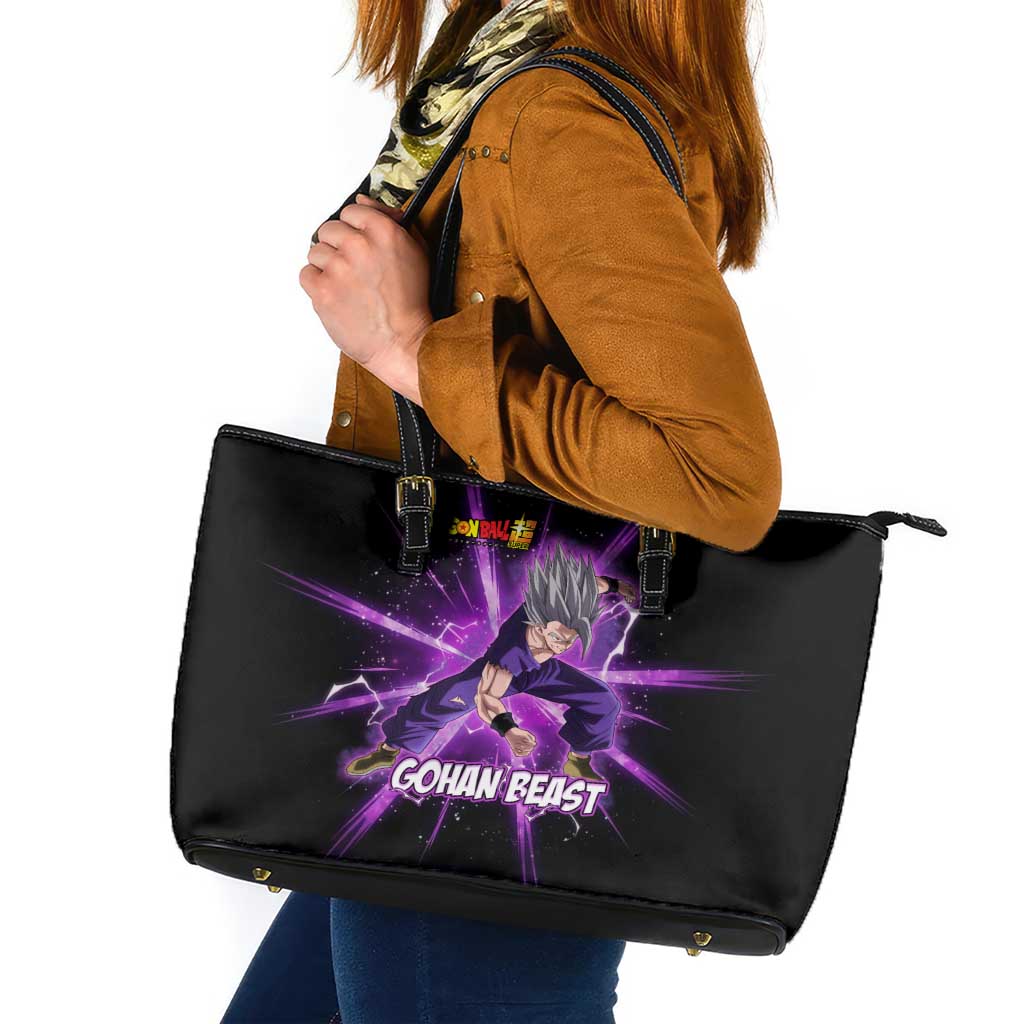 Gohan Beast Dragon Ball Super Anime Purple Lightning Aura Design Leather Tote Bag with Dynamic Power Pose and Energy Burst Background - The Mazicc