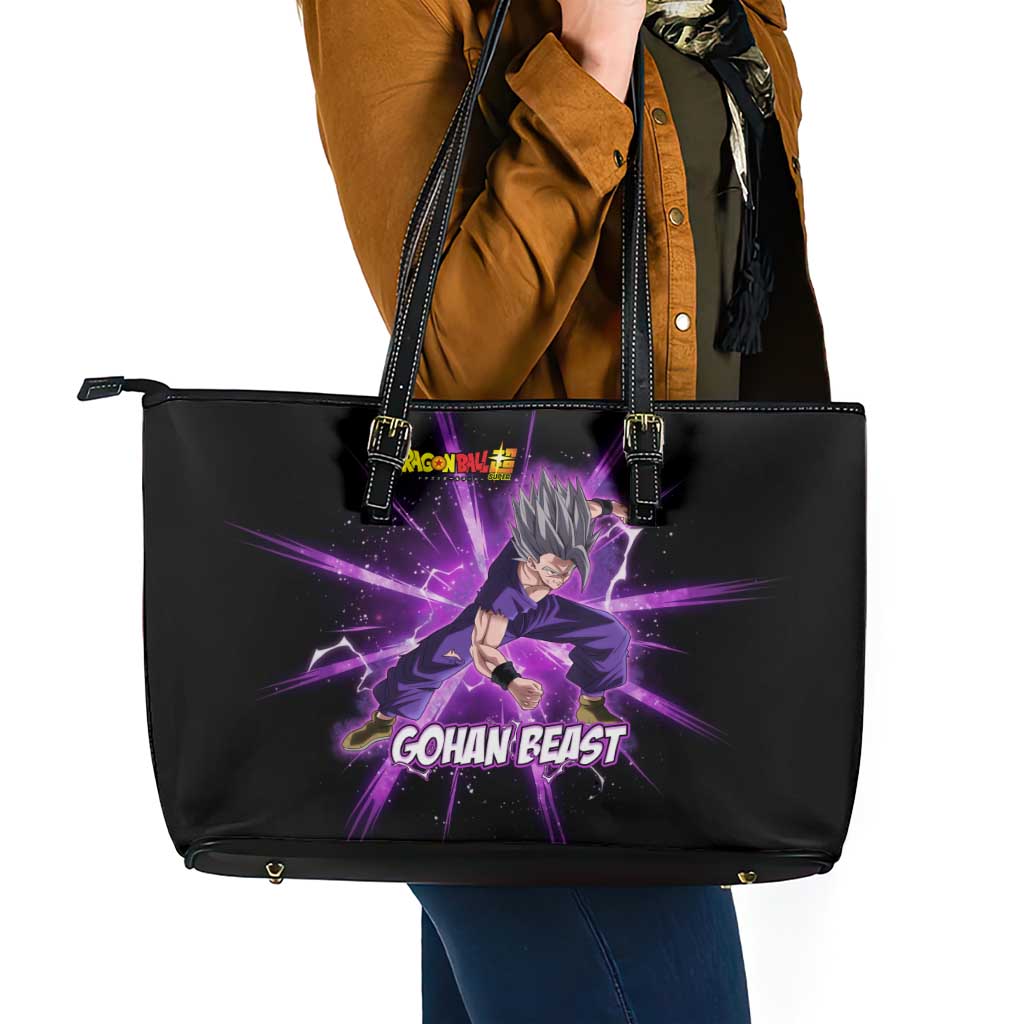 Gohan Beast Dragon Ball Super Anime Purple Lightning Aura Design Leather Tote Bag with Dynamic Power Pose and Energy Burst Background - The Mazicc