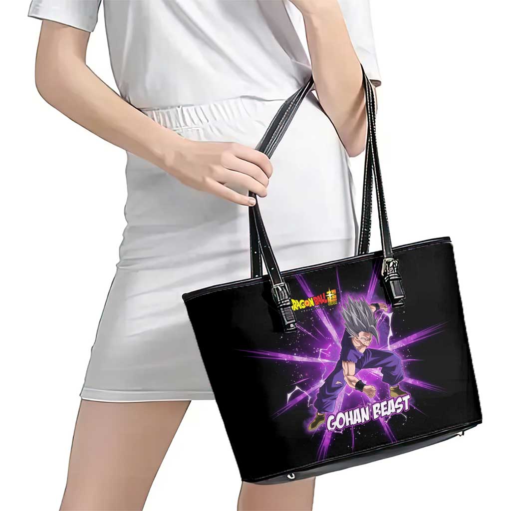 Gohan Beast Dragon Ball Super Anime Purple Lightning Aura Design Leather Tote Bag with Dynamic Power Pose and Energy Burst Background - The Mazicc