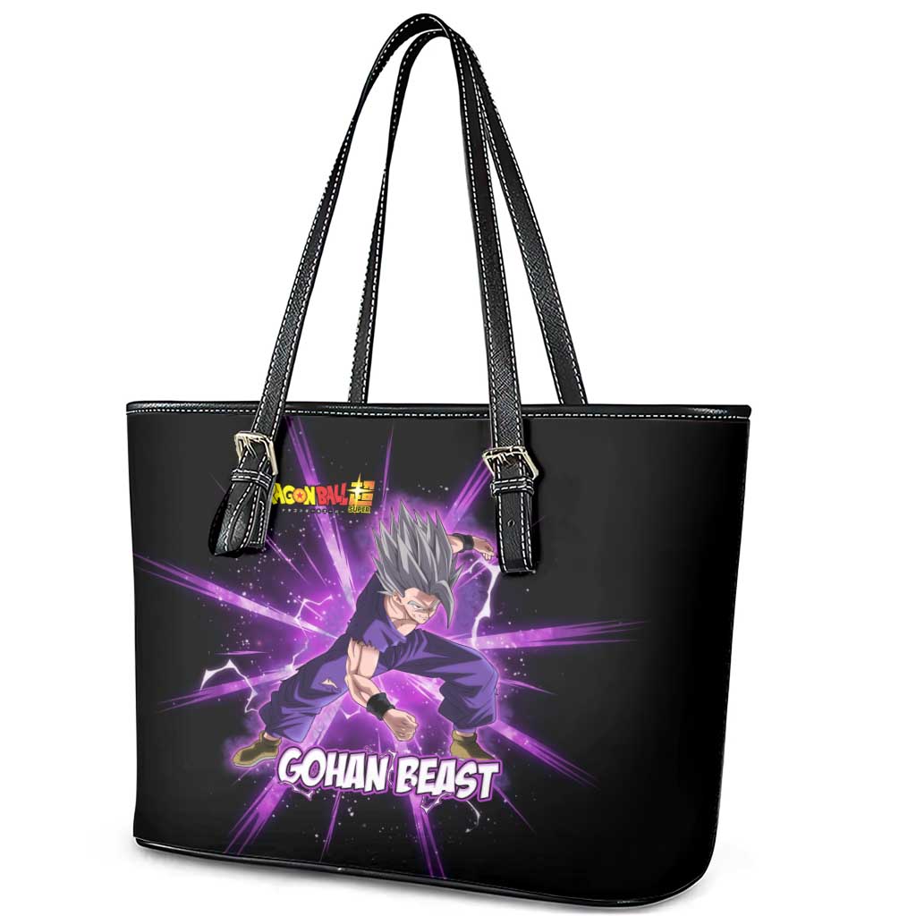 Gohan Beast Dragon Ball Super Anime Purple Lightning Aura Design Leather Tote Bag with Dynamic Power Pose and Energy Burst Background - The Mazicc