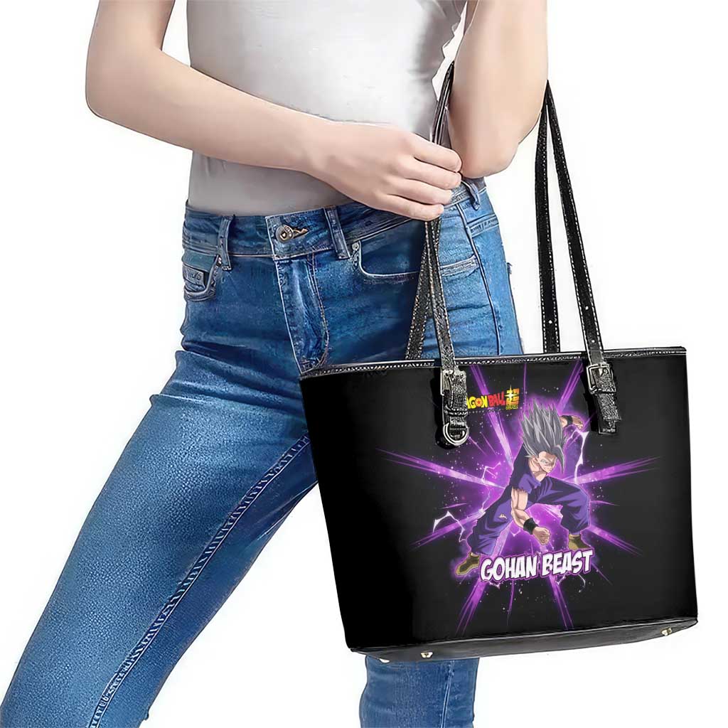 Gohan Beast Dragon Ball Super Anime Purple Lightning Aura Design Leather Tote Bag with Dynamic Power Pose and Energy Burst Background - The Mazicc