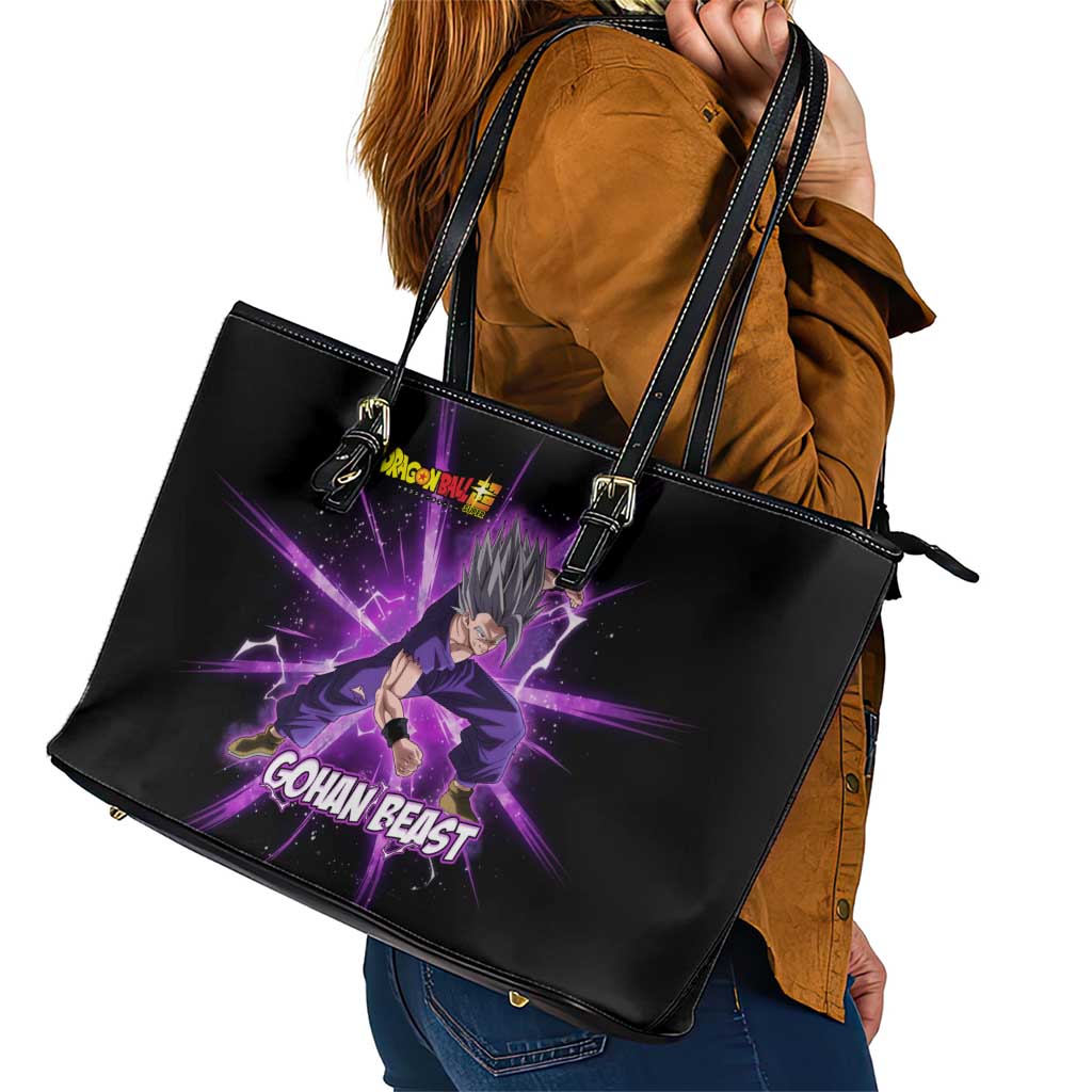 Gohan Beast Dragon Ball Super Anime Purple Lightning Aura Design Leather Tote Bag with Dynamic Power Pose and Energy Burst Background - The Mazicc
