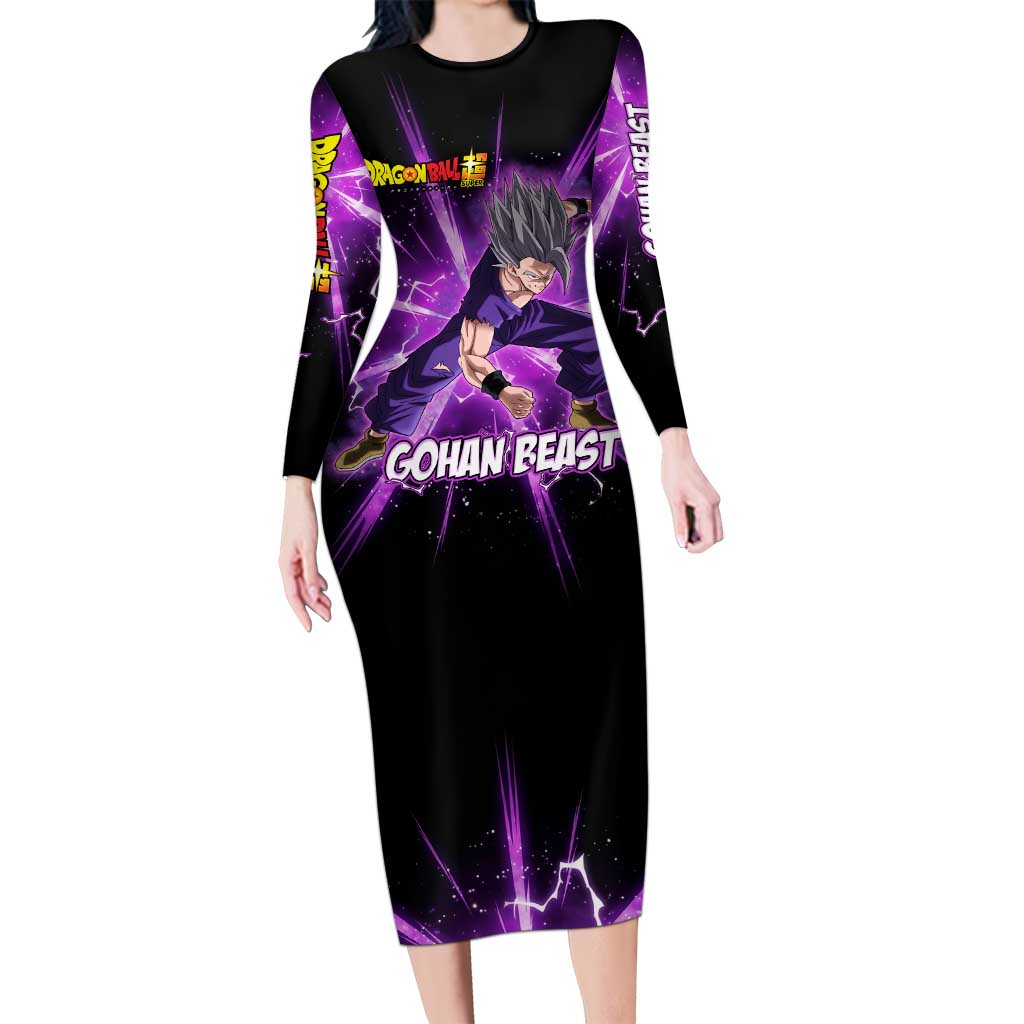 Gohan Beast Dragon Ball Super Anime Purple Lightning Aura Design Long Sleeve Bodycon Dress with Dynamic Power Pose and Energy Burst Background - The Mazicc