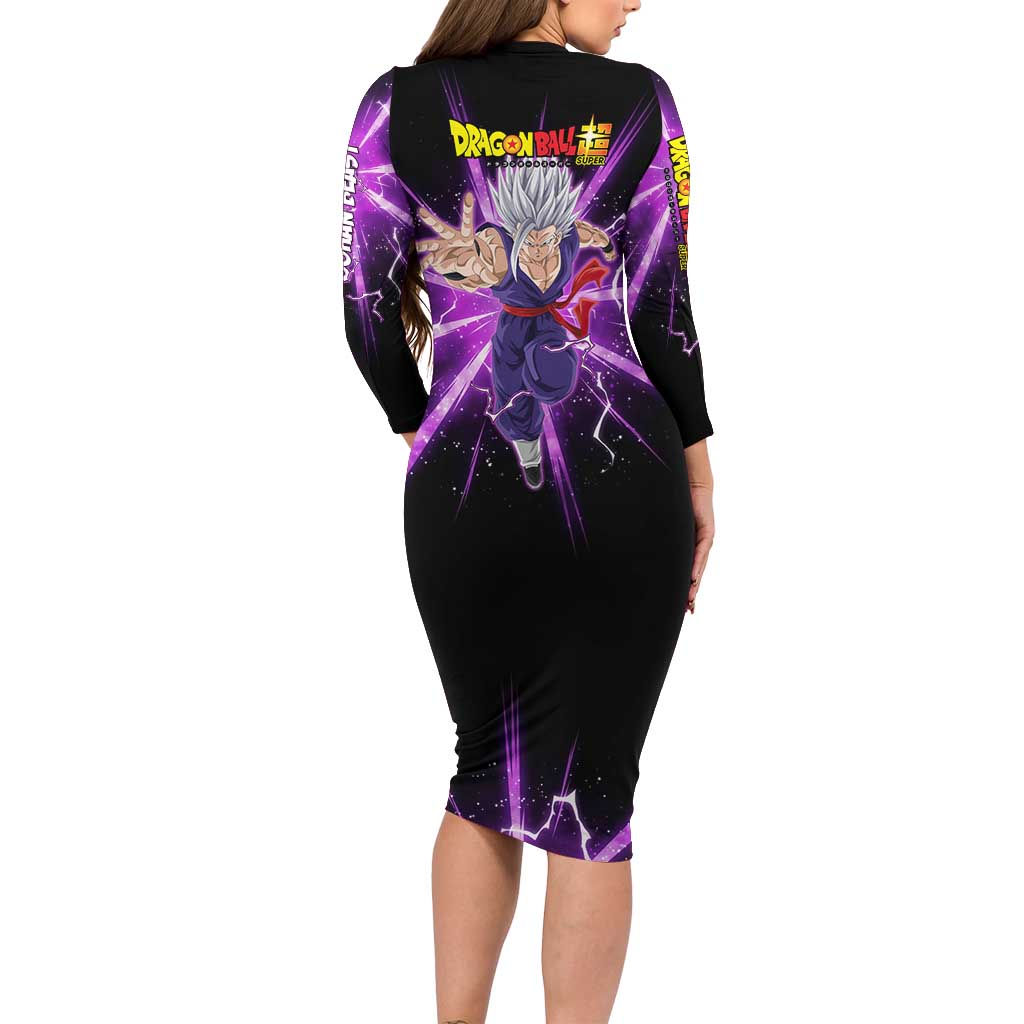 Gohan Beast Dragon Ball Super Anime Purple Lightning Aura Design Long Sleeve Bodycon Dress with Dynamic Power Pose and Energy Burst Background - The Mazicc