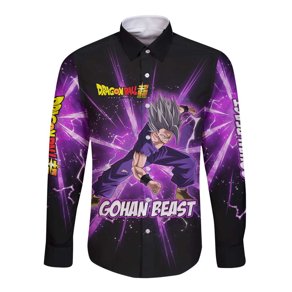 Gohan Beast Dragon Ball Super Anime Purple Lightning Aura Design Long Sleeve Button Shirt with Dynamic Power Pose and Energy Burst Background - The Mazicc