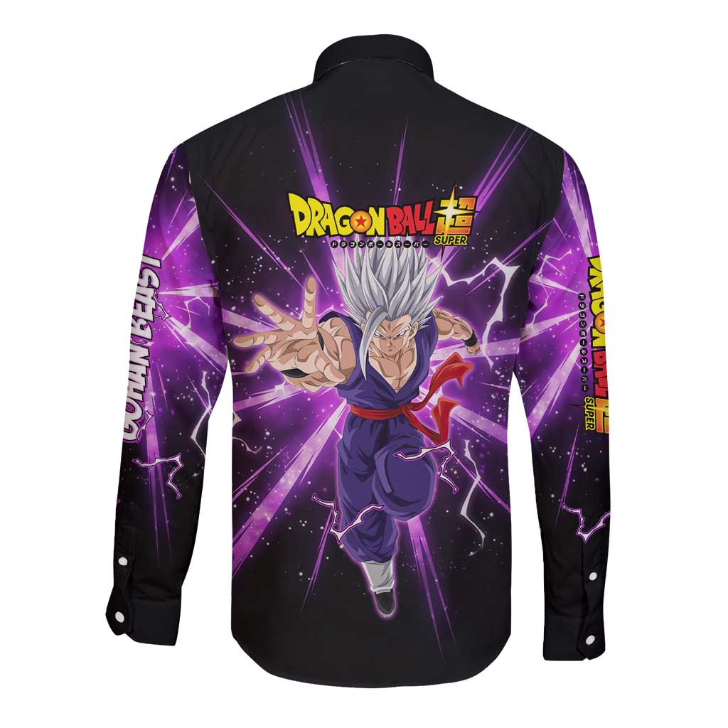 Gohan Beast Dragon Ball Super Anime Purple Lightning Aura Design Long Sleeve Button Shirt with Dynamic Power Pose and Energy Burst Background - The Mazicc