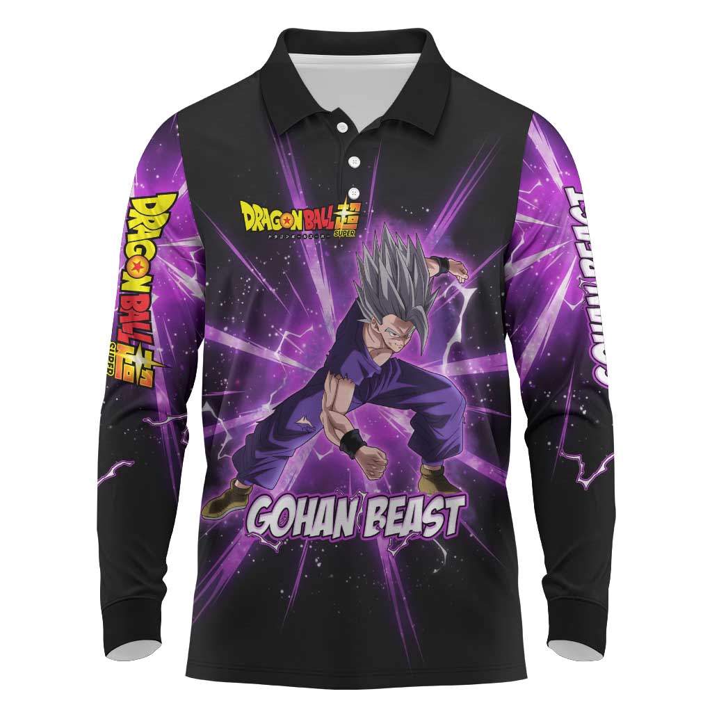 Gohan Beast Dragon Ball Super Anime Purple Lightning Aura Design Long Sleeve Polo Shirt with Dynamic Power Pose and Energy Burst Background - The Mazicc