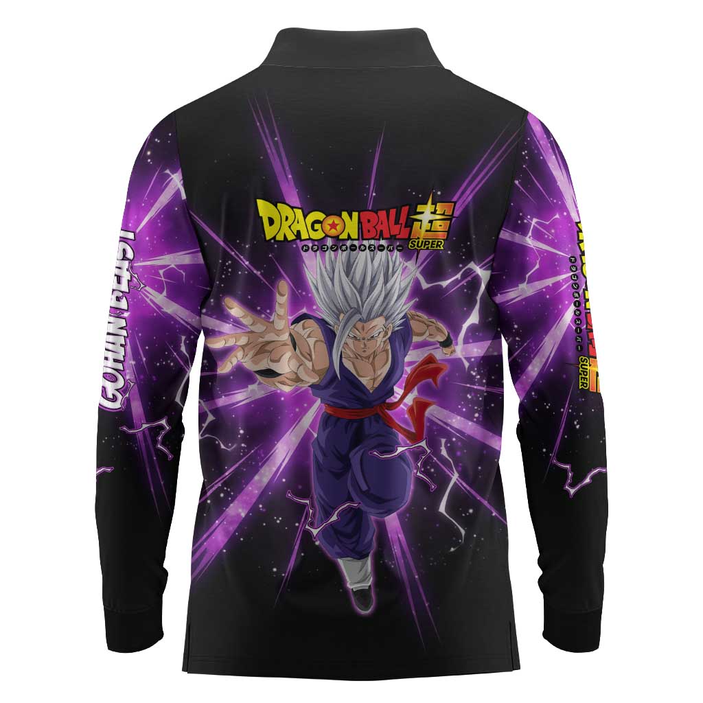 Gohan Beast Dragon Ball Super Anime Purple Lightning Aura Design Long Sleeve Polo Shirt with Dynamic Power Pose and Energy Burst Background - The Mazicc