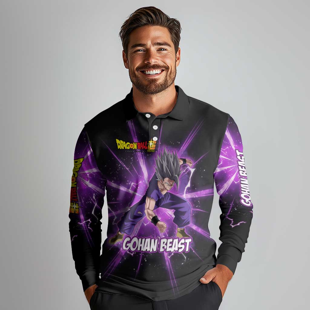 Gohan Beast Dragon Ball Super Anime Purple Lightning Aura Design Long Sleeve Polo Shirt with Dynamic Power Pose and Energy Burst Background - The Mazicc