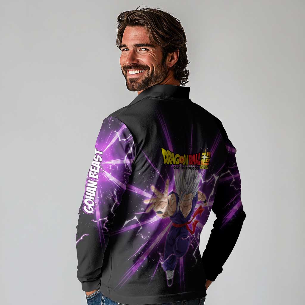 Gohan Beast Dragon Ball Super Anime Purple Lightning Aura Design Long Sleeve Polo Shirt with Dynamic Power Pose and Energy Burst Background - The Mazicc