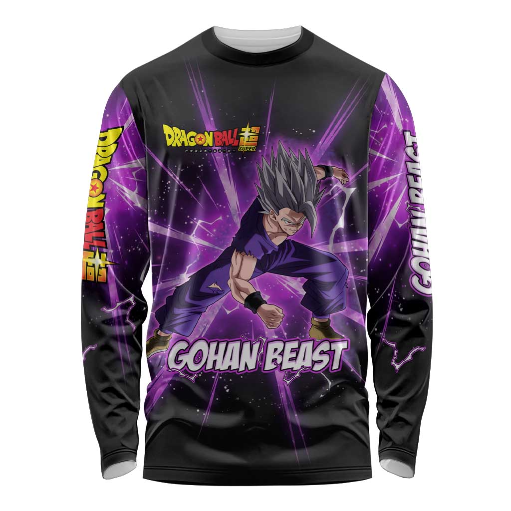 Gohan Beast Dragon Ball Super Anime Purple Lightning Aura Design Long Sleeve Shirt with Dynamic Power Pose and Energy Burst Background - The Mazicc