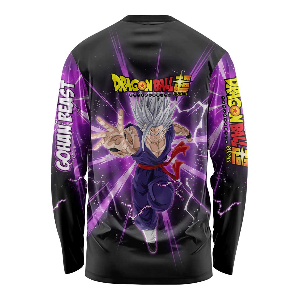 Gohan Beast Dragon Ball Super Anime Purple Lightning Aura Design Long Sleeve Shirt with Dynamic Power Pose and Energy Burst Background - The Mazicc