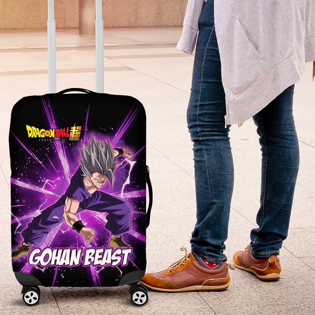 Gohan Beast Dragon Ball Super Anime Purple Lightning Aura Design Luggage Cover with Dynamic Power Pose and Energy Burst Background - The Mazicc