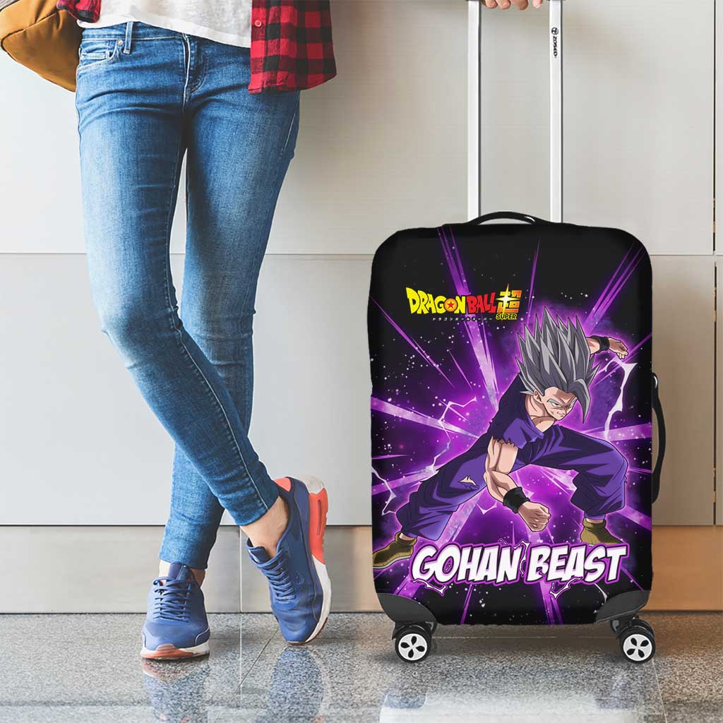 Gohan Beast Dragon Ball Super Anime Purple Lightning Aura Design Luggage Cover with Dynamic Power Pose and Energy Burst Background - The Mazicc