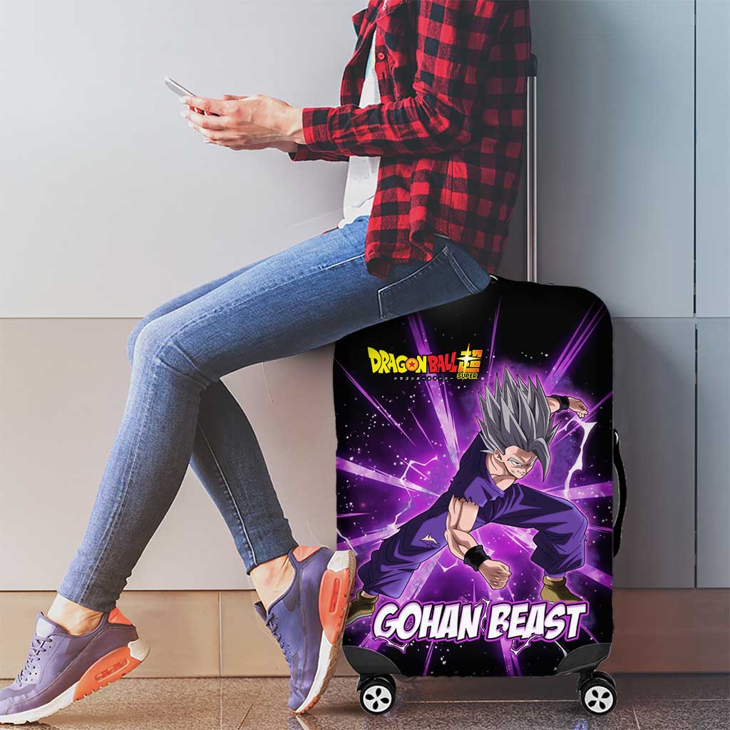Gohan Beast Dragon Ball Super Anime Purple Lightning Aura Design Luggage Cover with Dynamic Power Pose and Energy Burst Background - The Mazicc