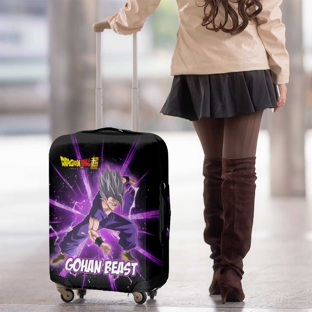 Gohan Beast Dragon Ball Super Anime Purple Lightning Aura Design Luggage Cover with Dynamic Power Pose and Energy Burst Background - The Mazicc