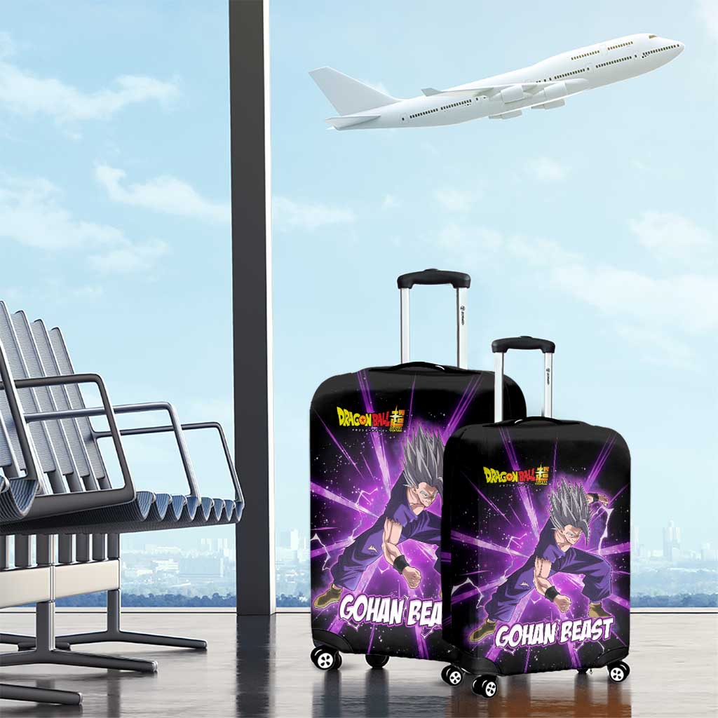 Gohan Beast Dragon Ball Super Anime Purple Lightning Aura Design Luggage Cover with Dynamic Power Pose and Energy Burst Background - The Mazicc