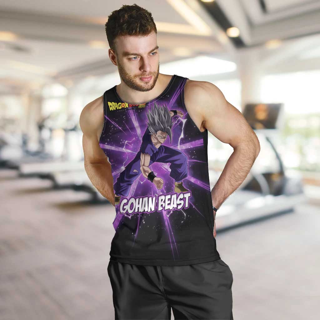 Gohan Beast Dragon Ball Super Anime Purple Lightning Aura Design Men Tank Top with Dynamic Power Pose and Energy Burst Background - The Mazicc