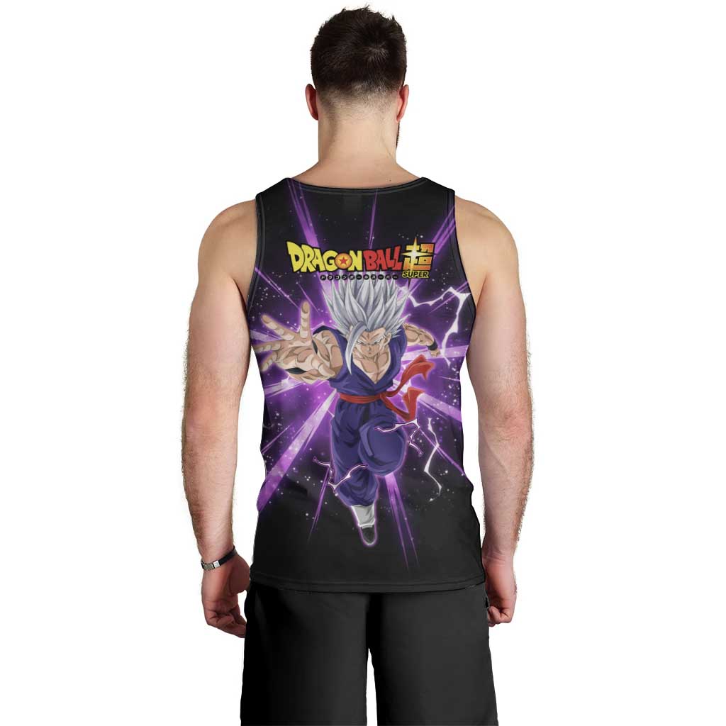 Gohan Beast Dragon Ball Super Anime Purple Lightning Aura Design Men Tank Top with Dynamic Power Pose and Energy Burst Background - The Mazicc