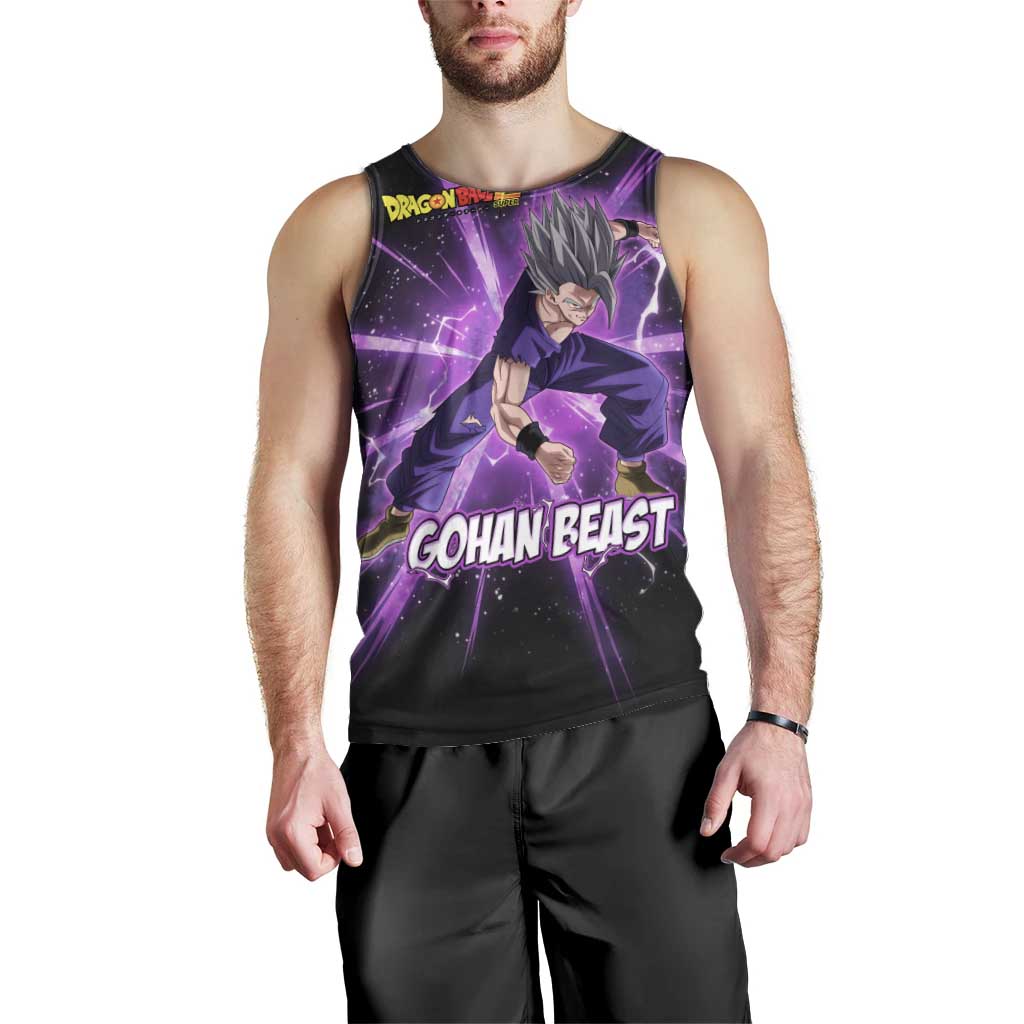 Gohan Beast Dragon Ball Super Anime Purple Lightning Aura Design Men Tank Top with Dynamic Power Pose and Energy Burst Background - The Mazicc